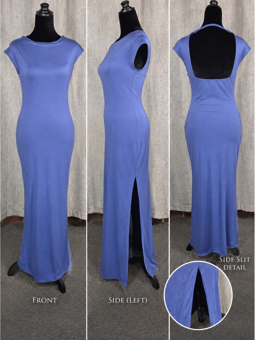 Popular 21 Size L Blue Open Back Maxi Dress Side Slit Bodycon Stretch